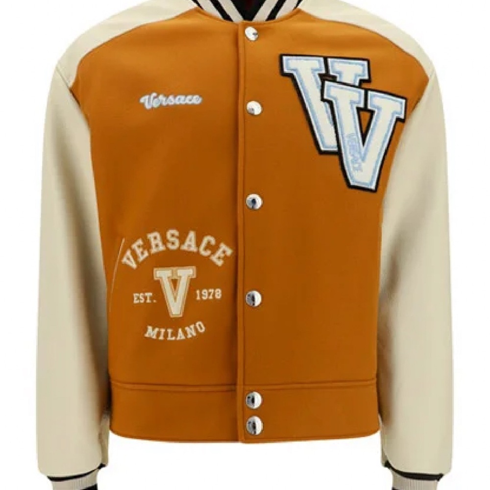 Versace Tan and Cream Bomber Jacket with Varsity Style
